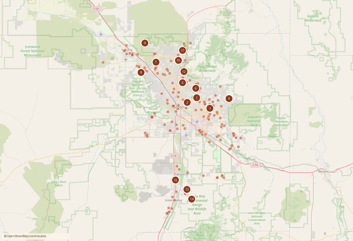 Map of the Tucson metro with a dot for each home sale recorded this week and numbered pins for the largest sales